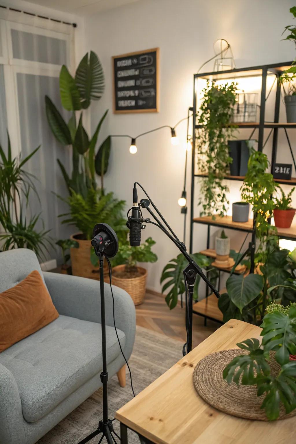 A podcast setup enriched with greenery.