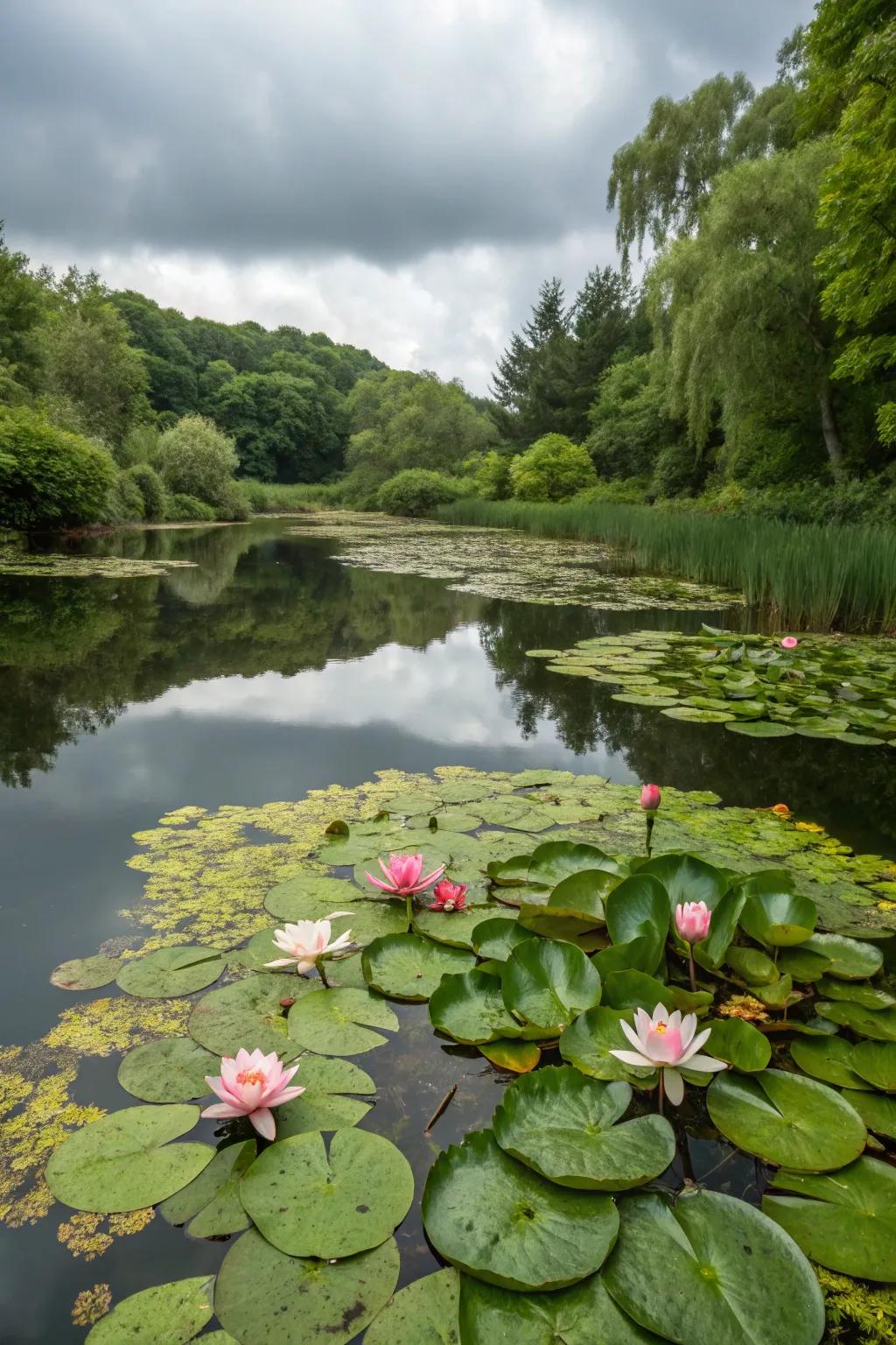 Blooming water lilies infuse the pond's surface with color and texture.