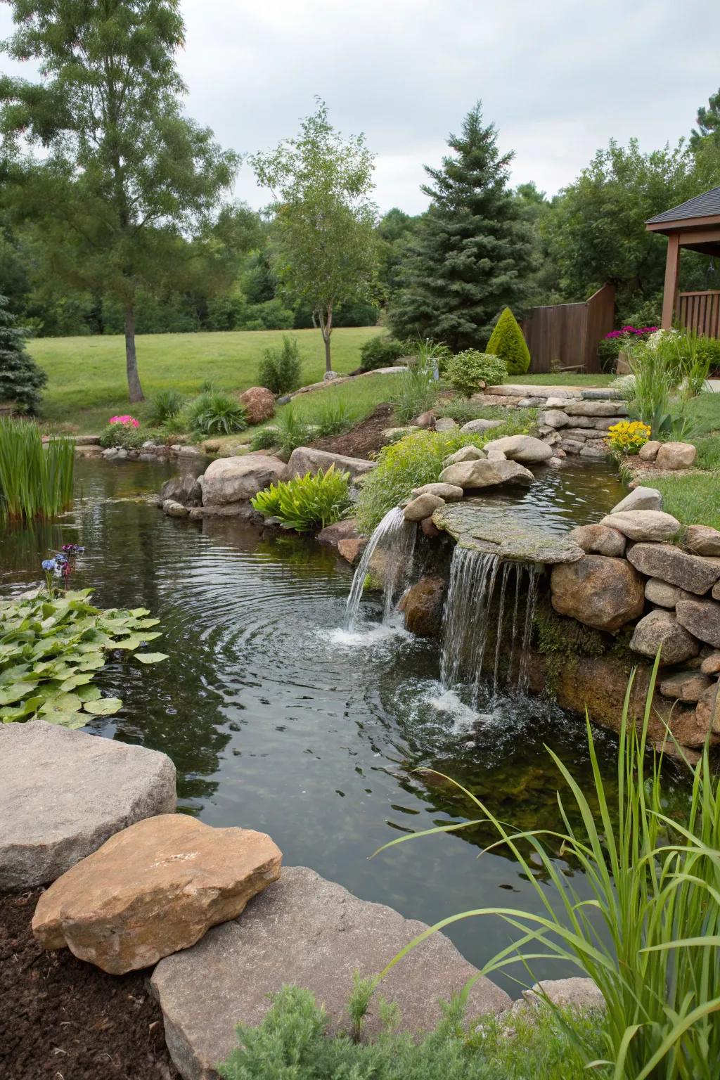 A pond elevated by the presence of an enchanting waterfall.