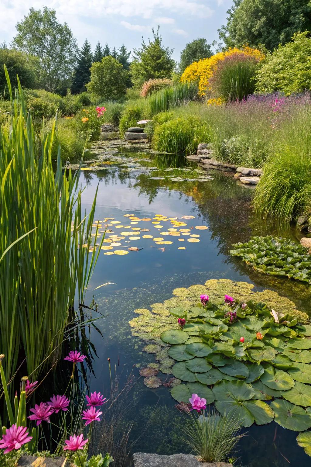 Water-loving flora infuses vitality and animation into your pond stream.