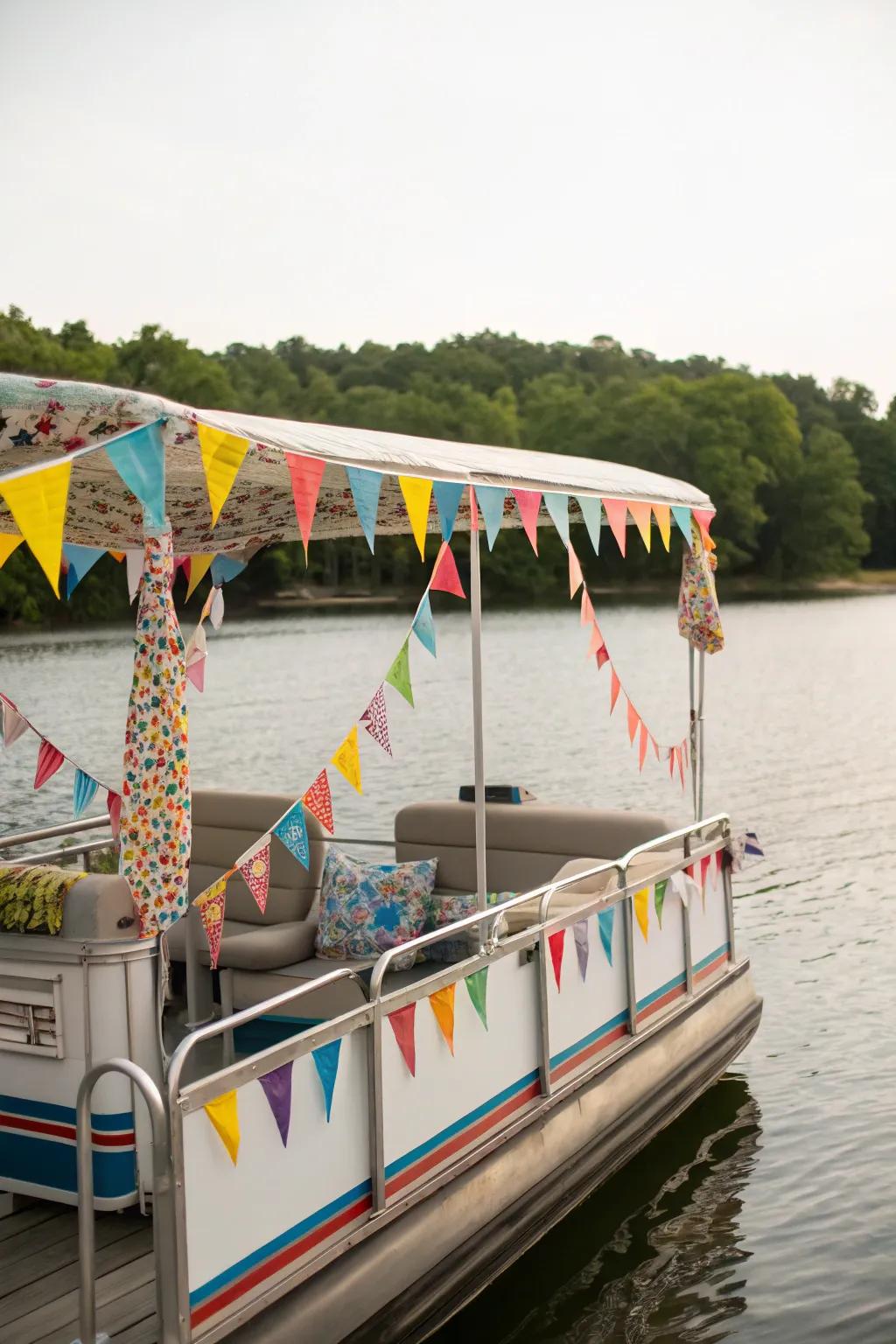 A celebration-themed pontoon boat bursting with a spectrum of colors and enjoyment.