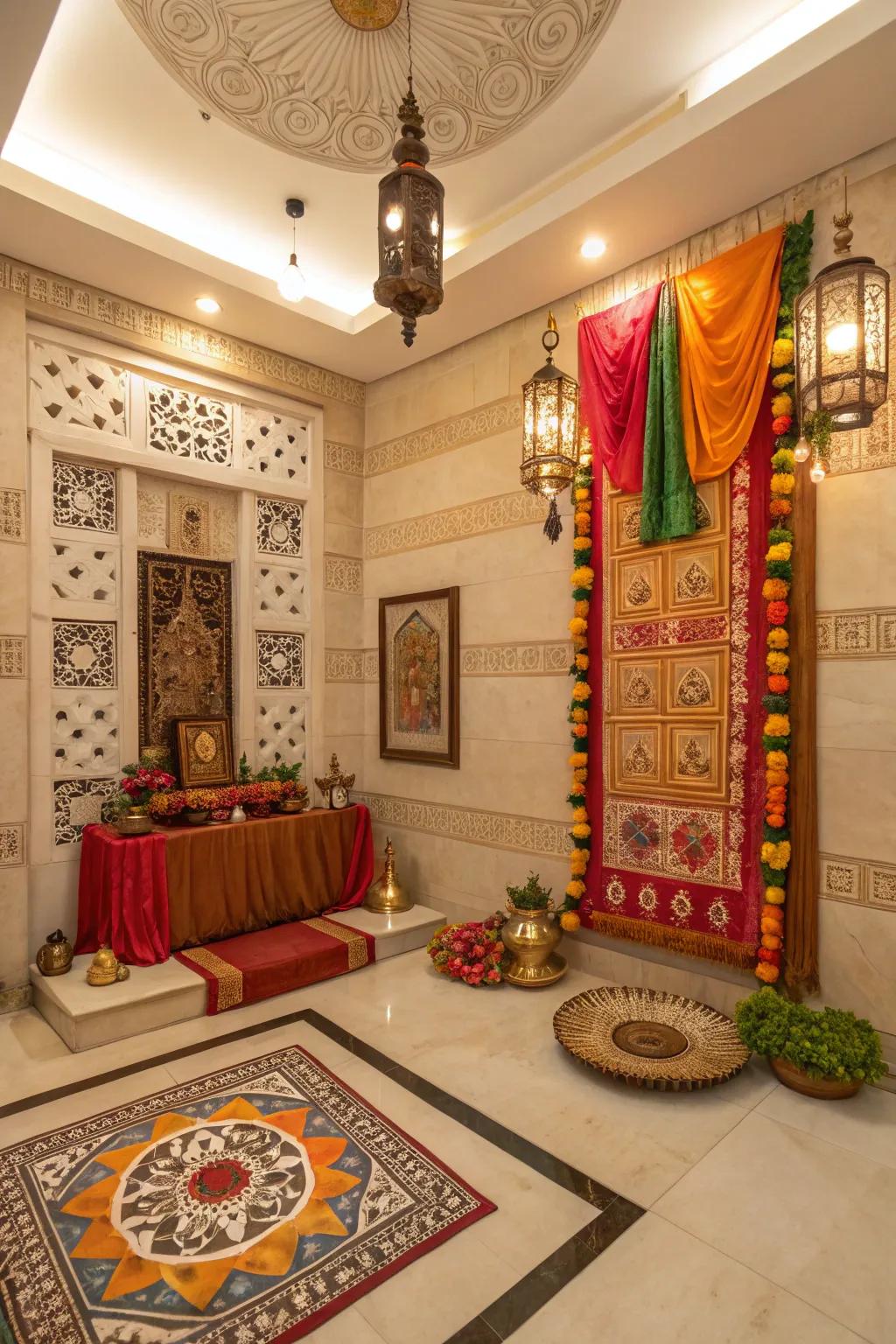 Traditional designs and hues permeate this pooja space with cultural opulence.