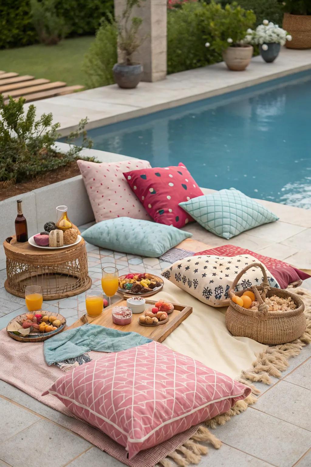 A snug seaside repast arrangement featuring welcoming throws and soft supports.
