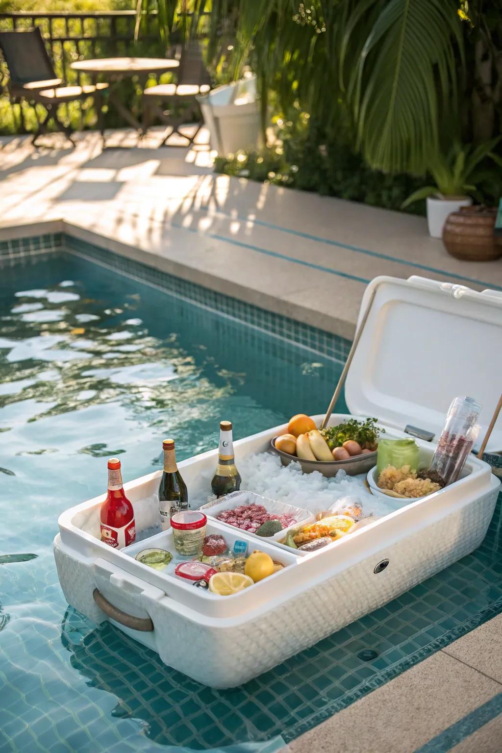 A floating cooler keeps refreshments within easy reach.