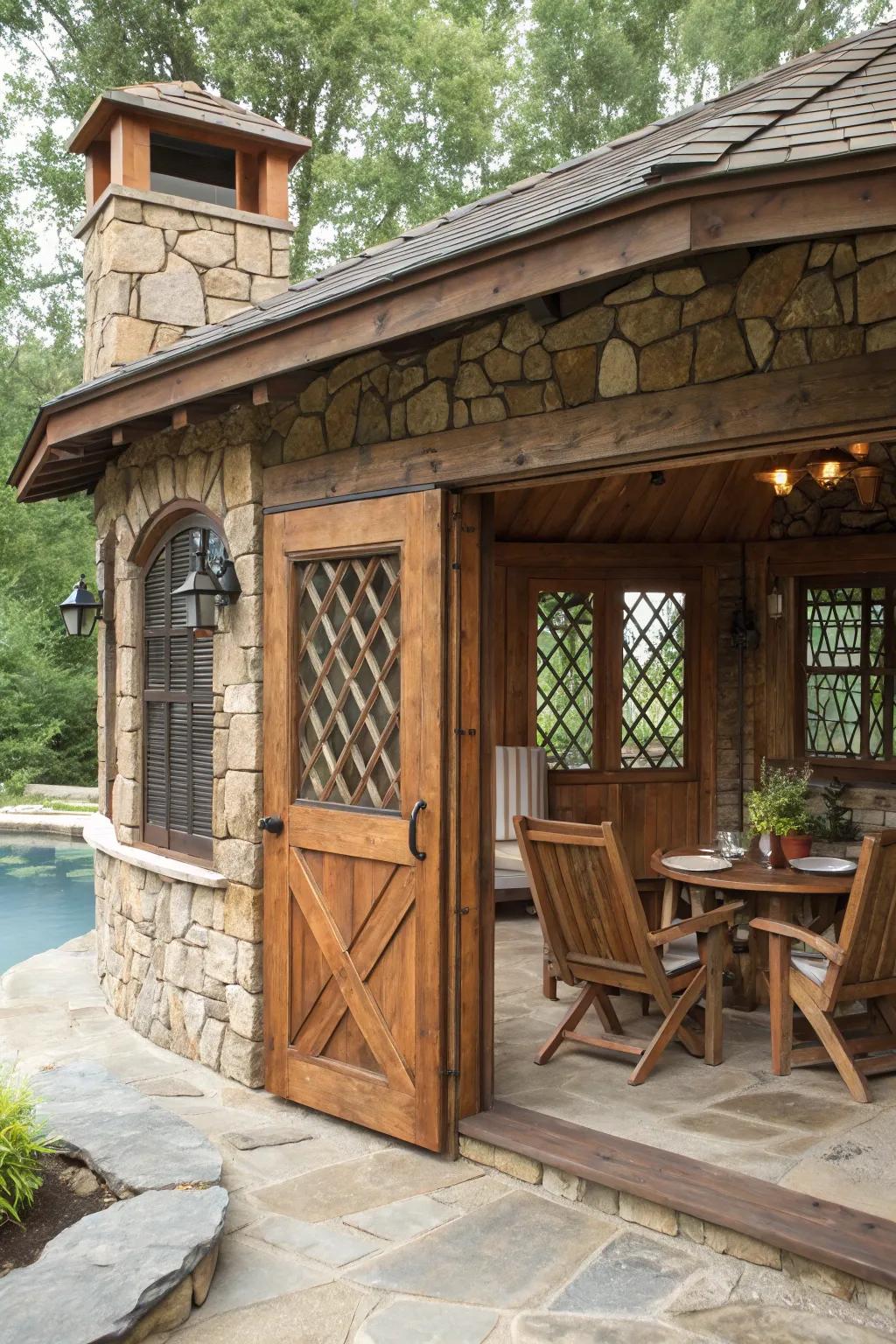 A down-to-earth cabana presenting raw lumber and rock, suited for cozy gatherings.