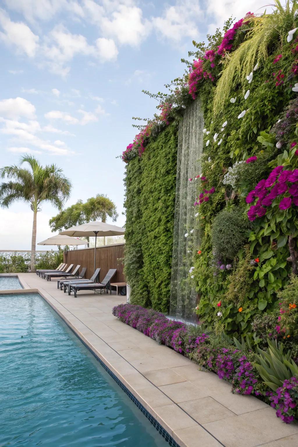 Vertical gardens introduce lively greenery and a natural ambiance to your pool deck.