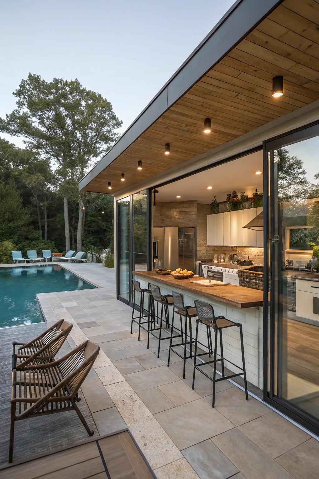 Outdoor seating adds a social touch to the poolside cooking space.