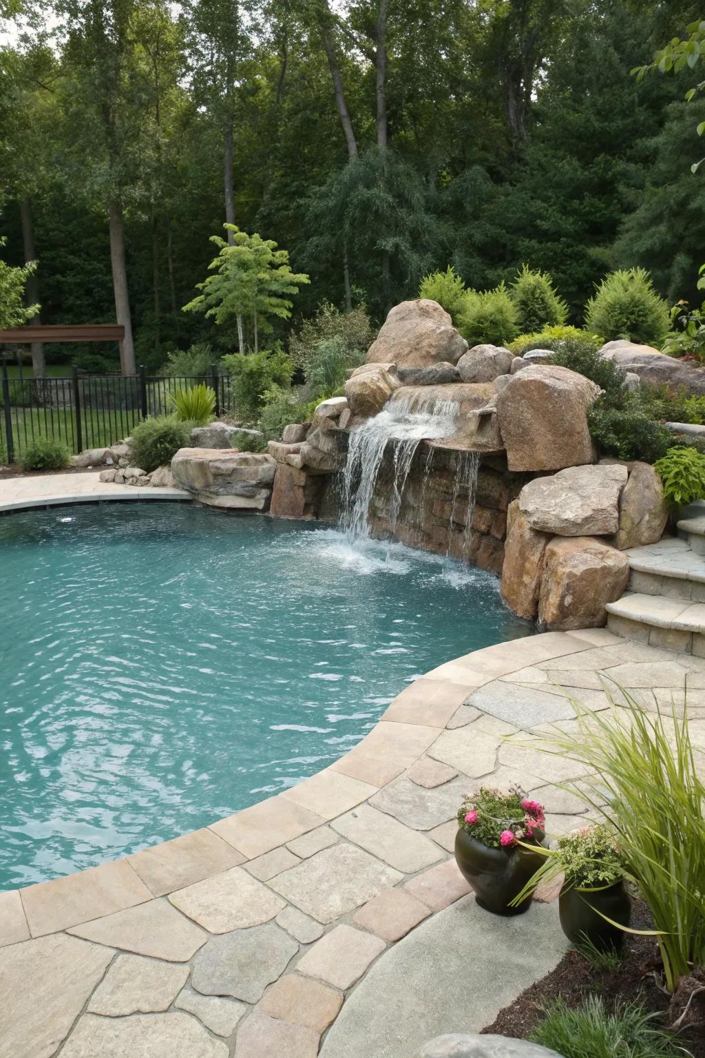 A backyard pool featuring a peaceful cascade element.
