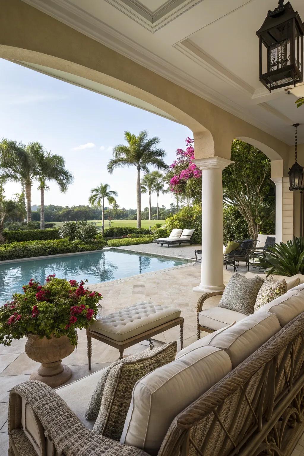 Chill and welcome guests with a cozy patio arrangement adjacent to your pool.