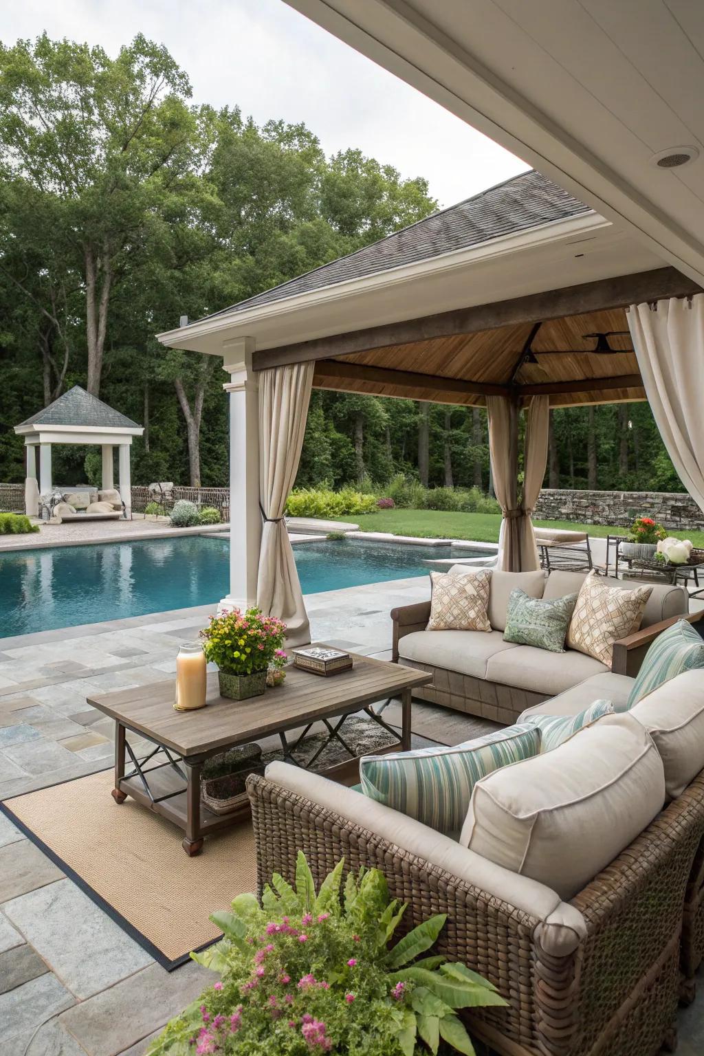 Transform your poolside into a welcoming outdoor relaxation area for unwinding and entertaining.