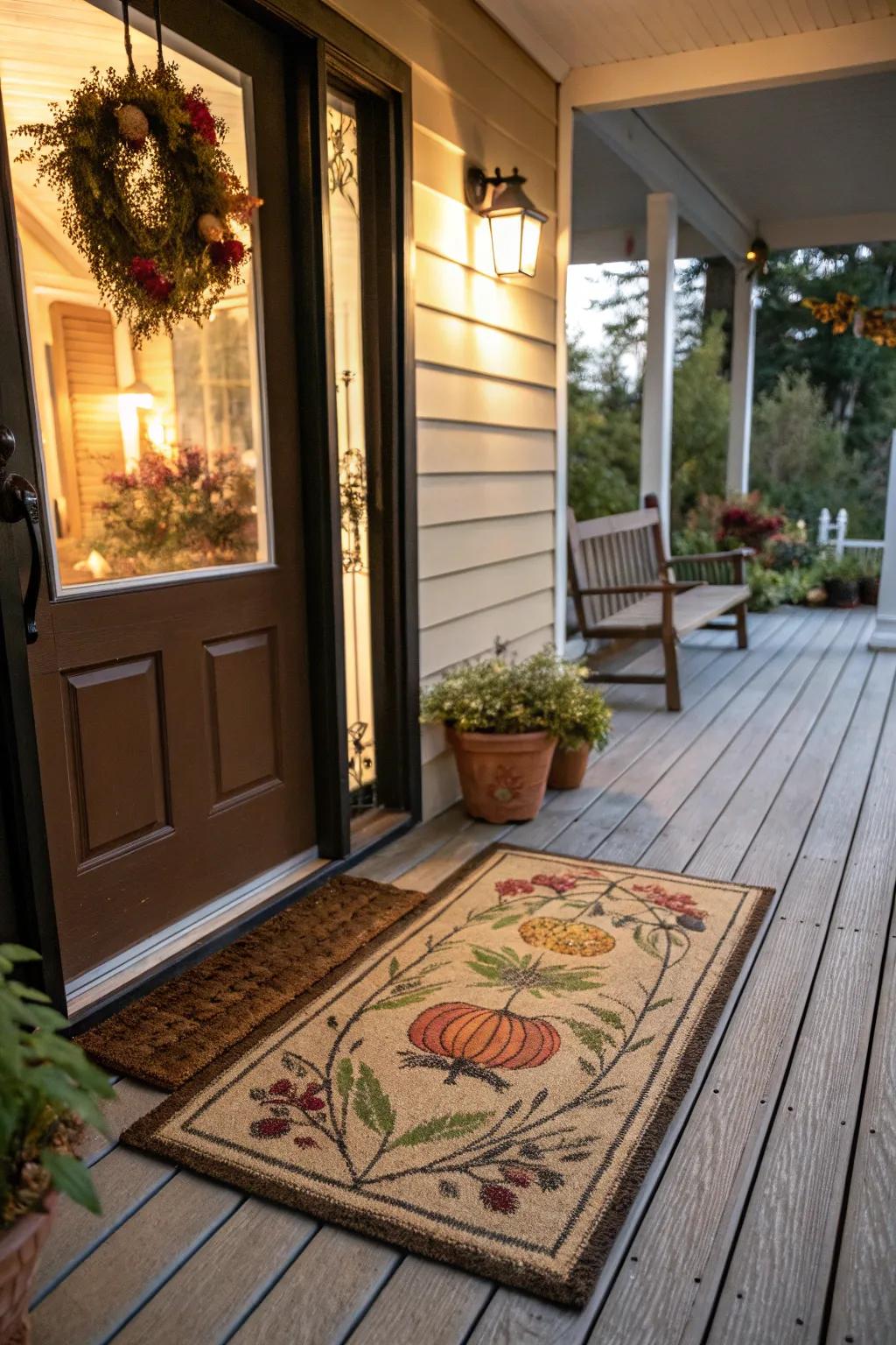 A delightful welcome mat imparts character to the porch.
