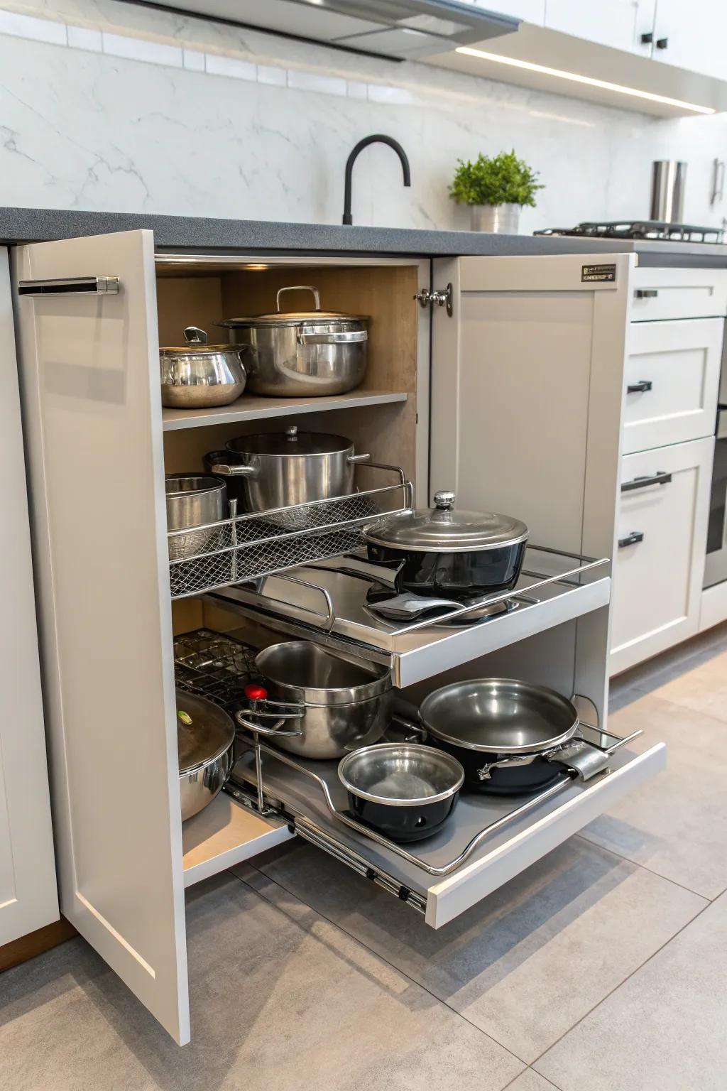 Slide-out shelves make it super easy to get to your pots and pans.