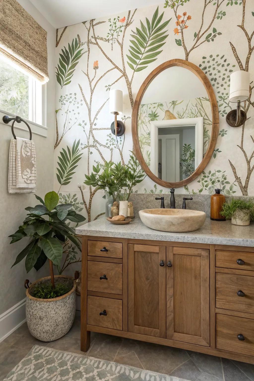 Nature-inspired motifs impart peace and lasting beauty to your guest bath.