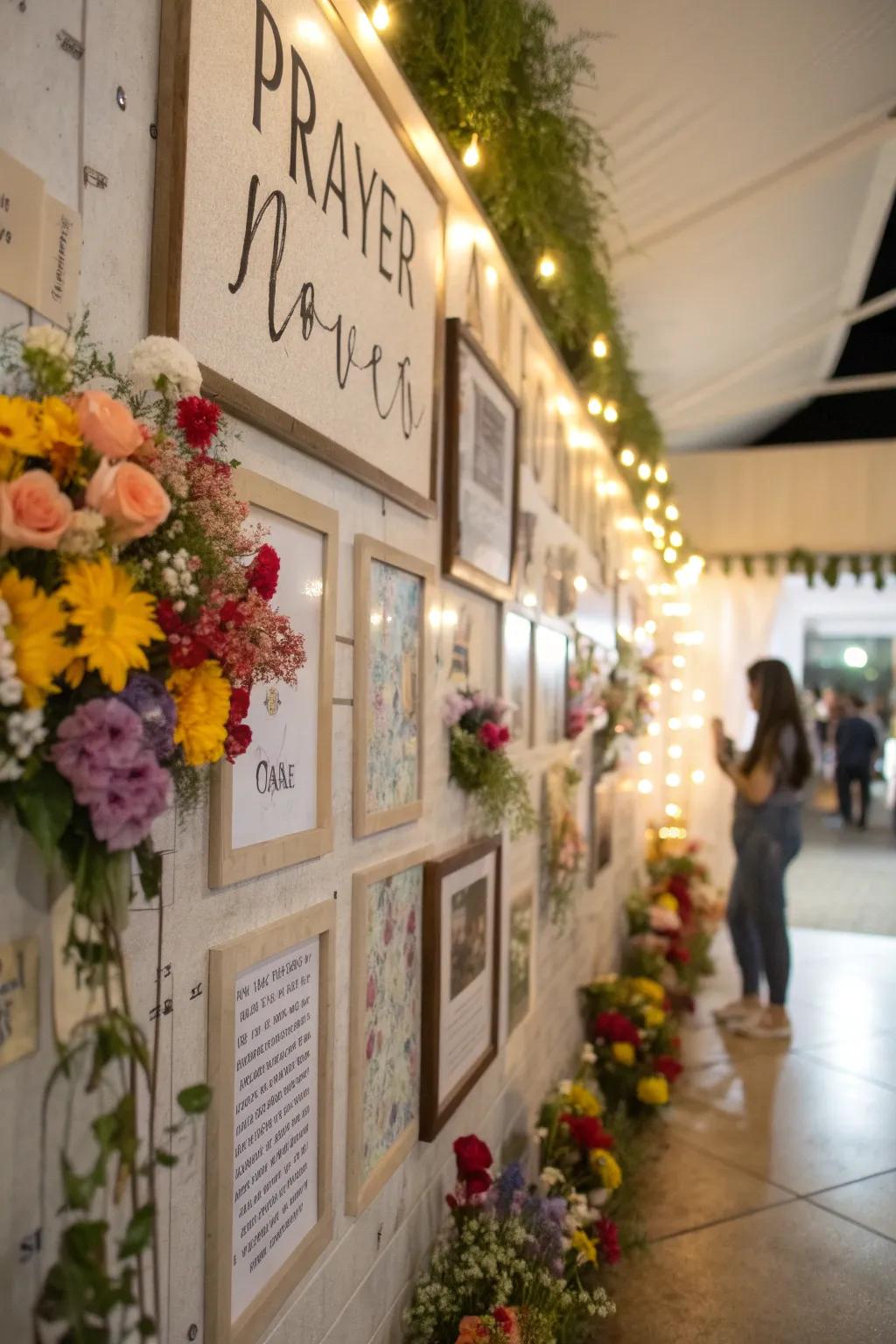 Floral arrangements and inspirational quotes enhance a prayer wall.