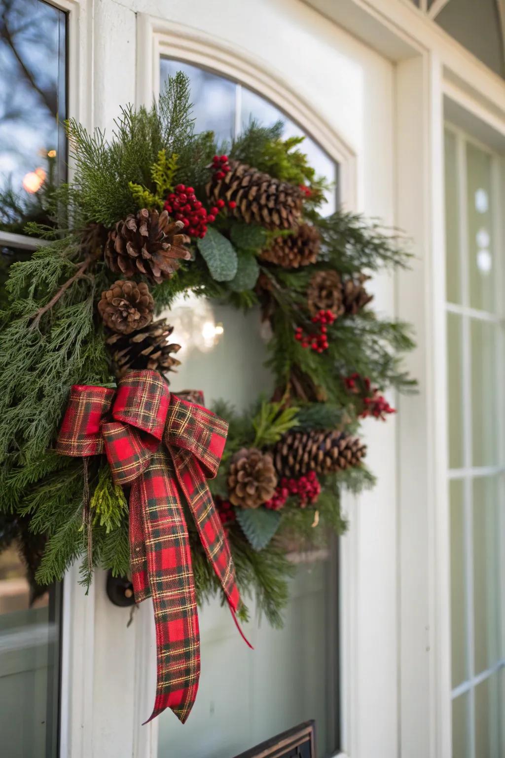 A preppy garland with checkered accents creates a festive entrance.