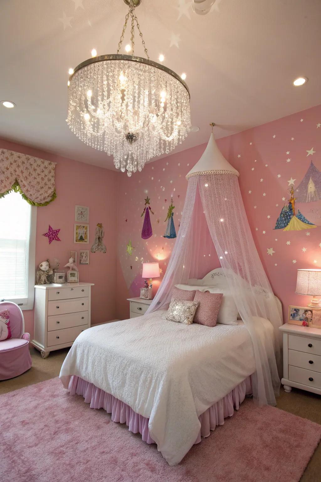 A gemstone chandelier infuses sophistication into the room.
