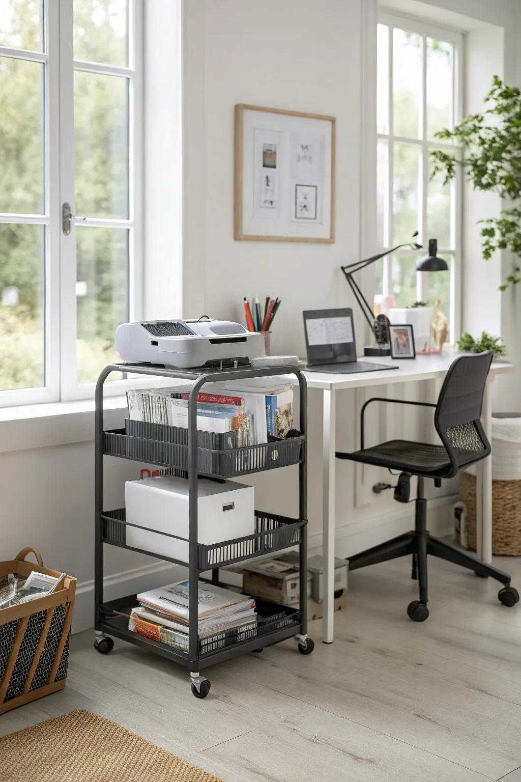 A mobile storage cart makes accessing printer paper convenient.