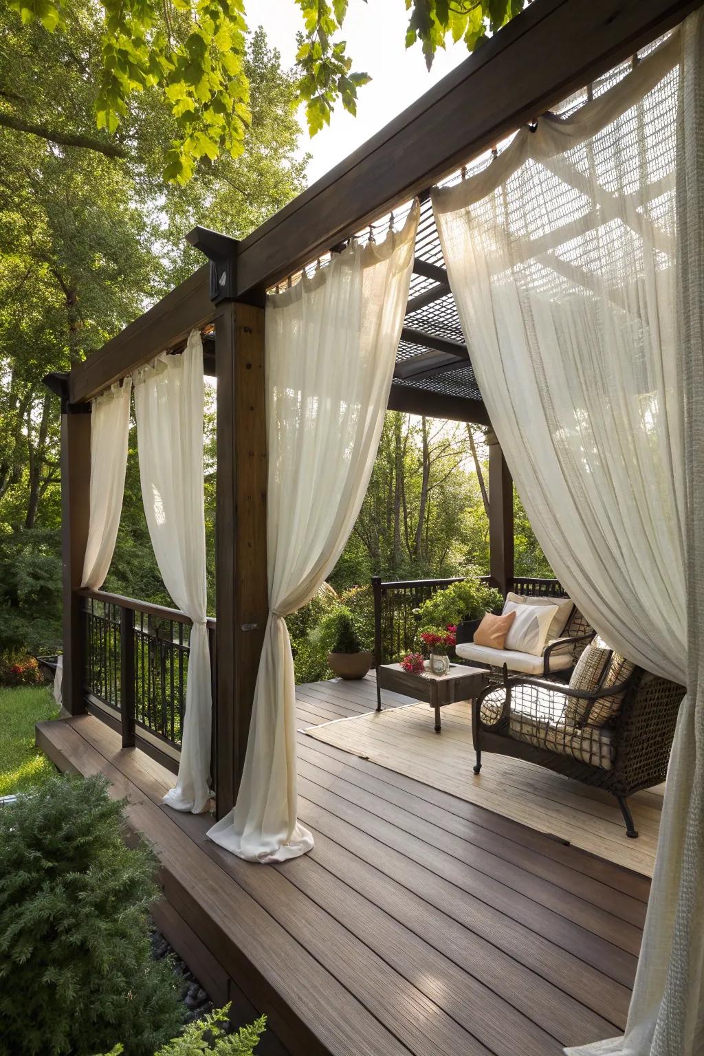 Streaming outdoor textiles fashion a secluded and serene deck area.