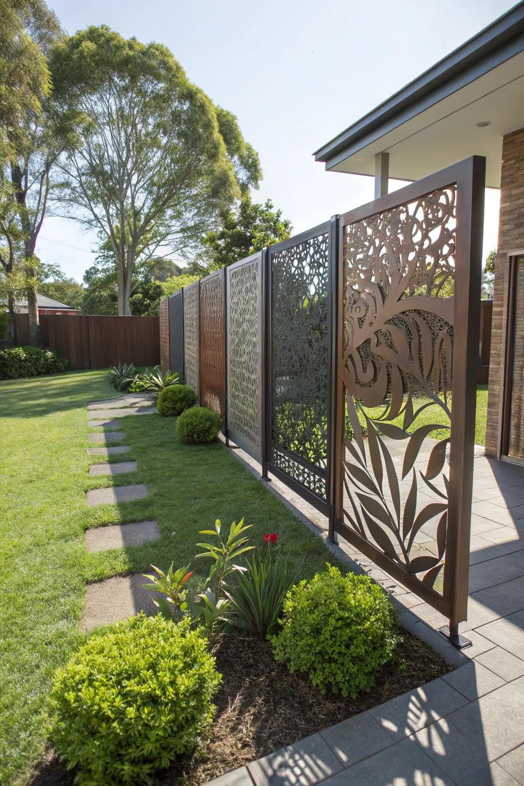 Decorative panels function as both a privacy enhancement and a piece of art.