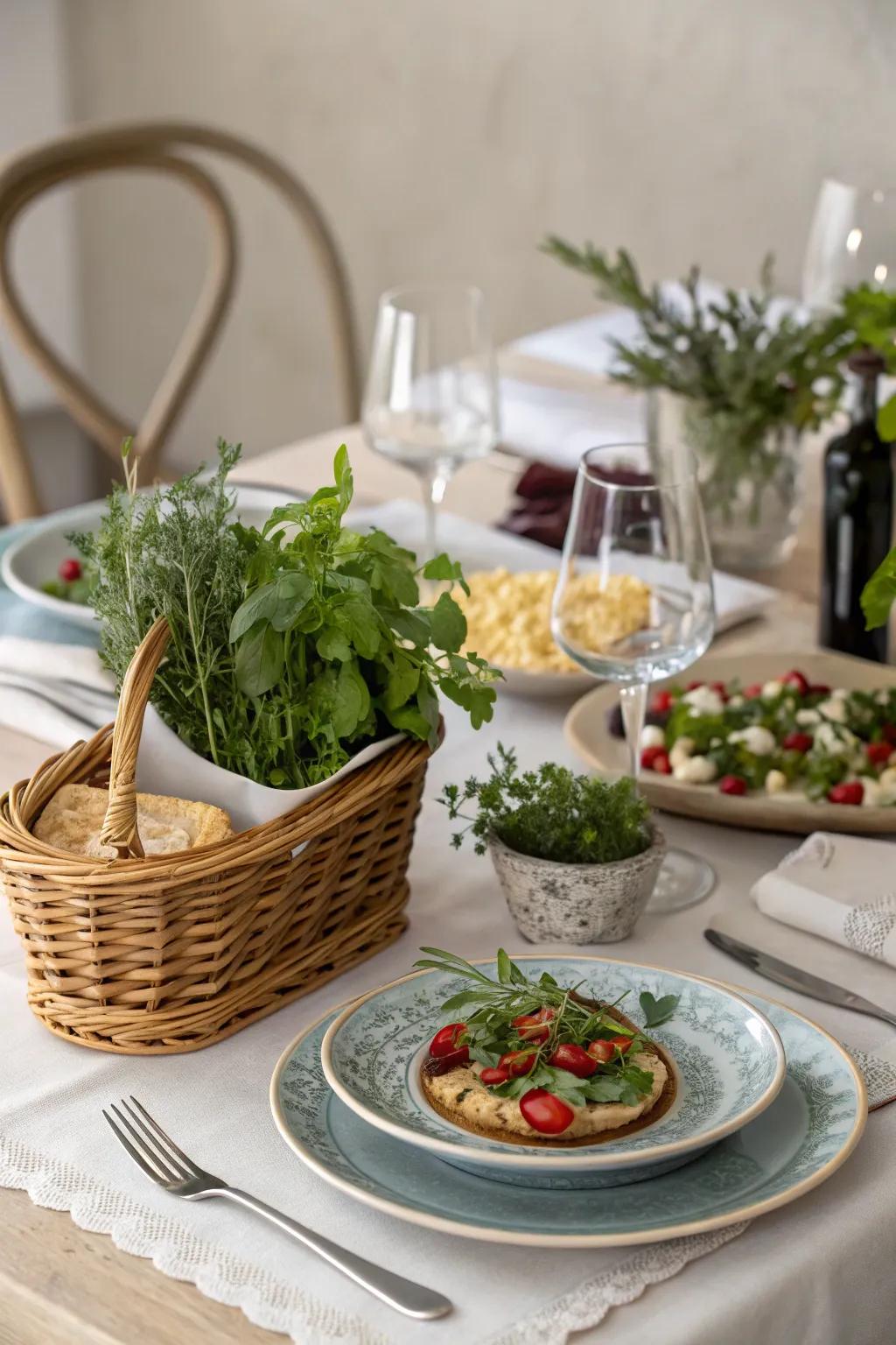 A dining arrangement featuring dishes ingeniously incorporating a mystery ingredient, exemplified by a basket of fresh herbs.
