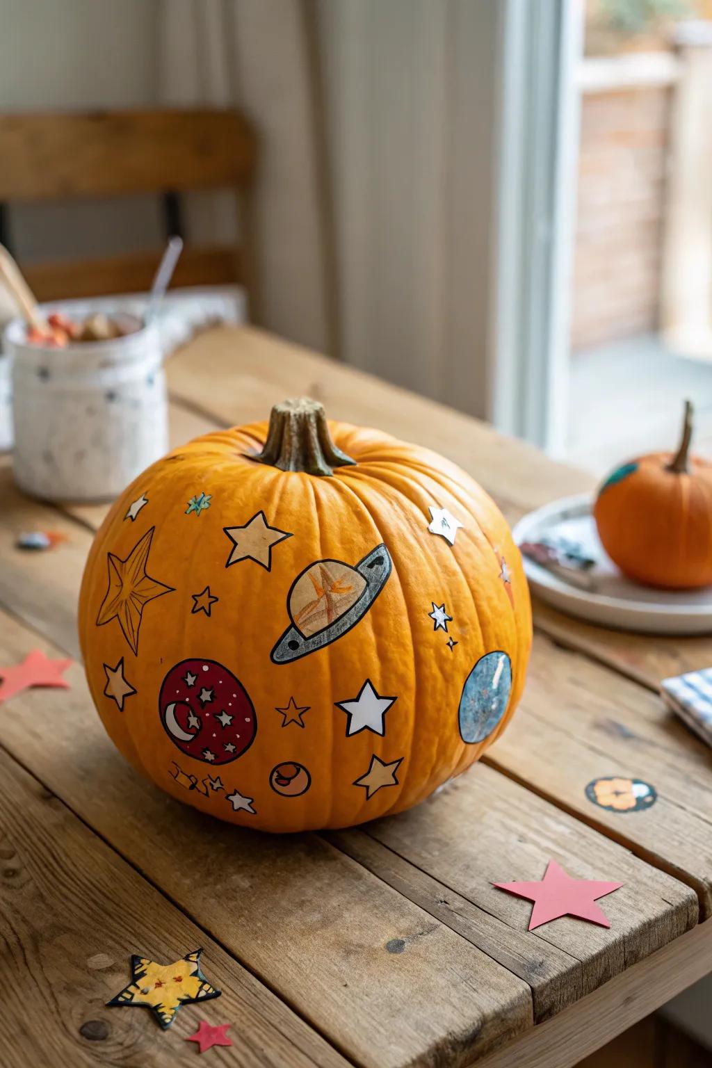 A pumpkin magically transformed with a universe of stickers.