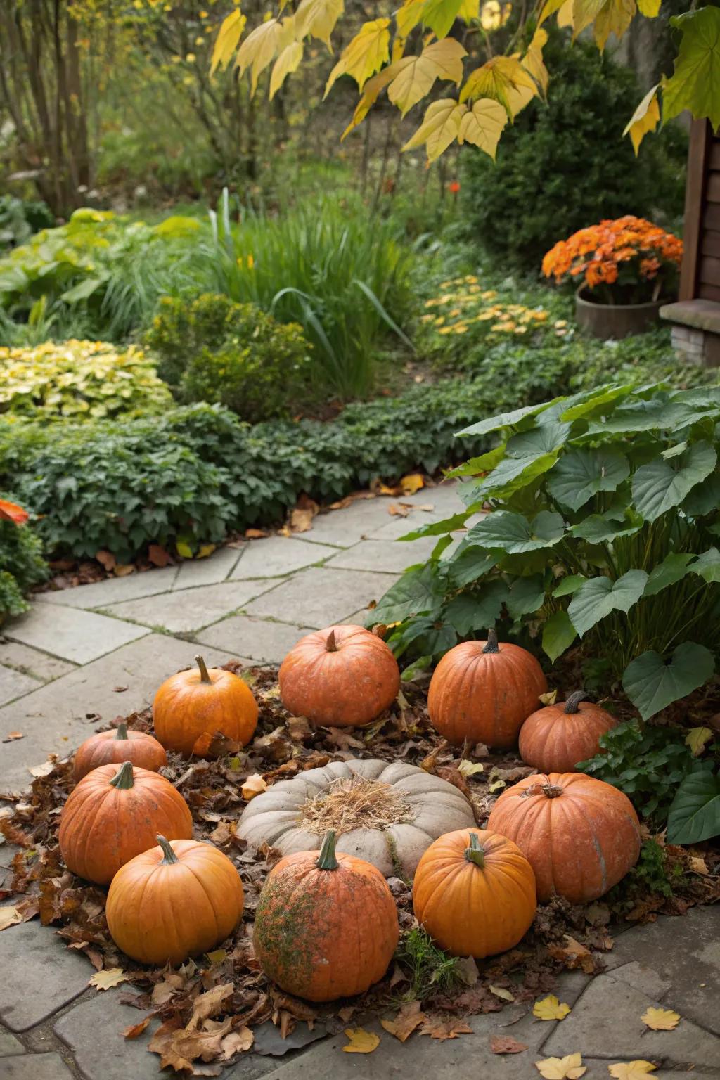 A seamless garden pumpkin display blending with nature.