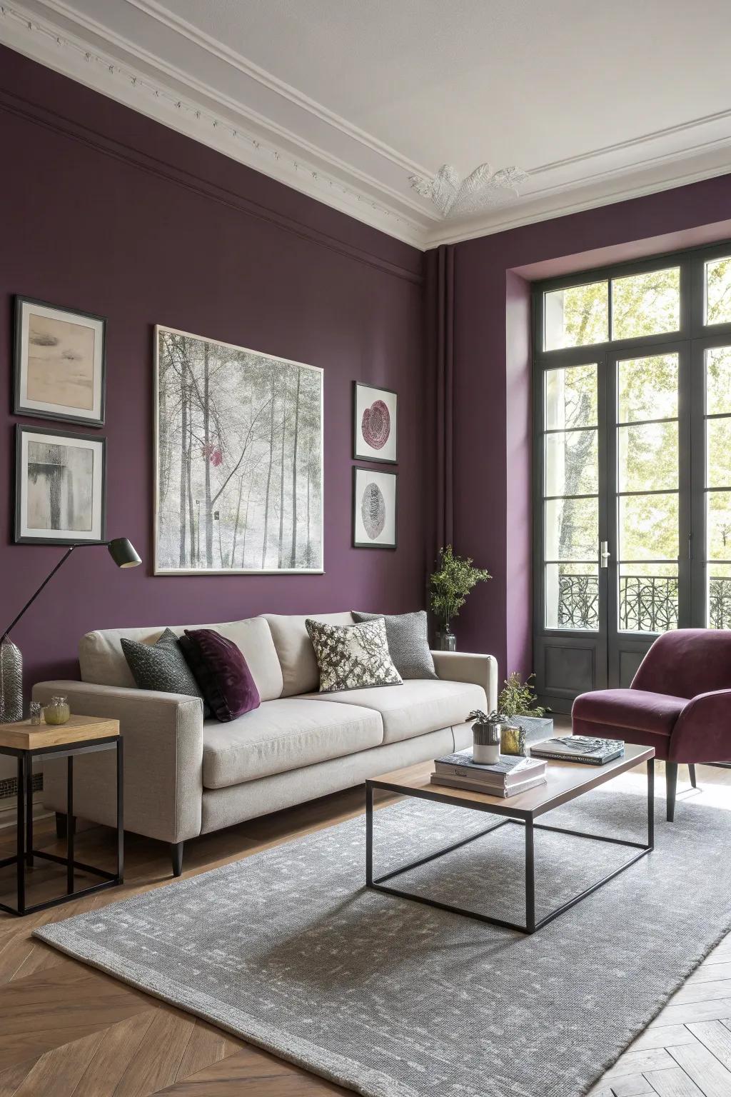 A modern sitting room brought to life with plum-colored walls.