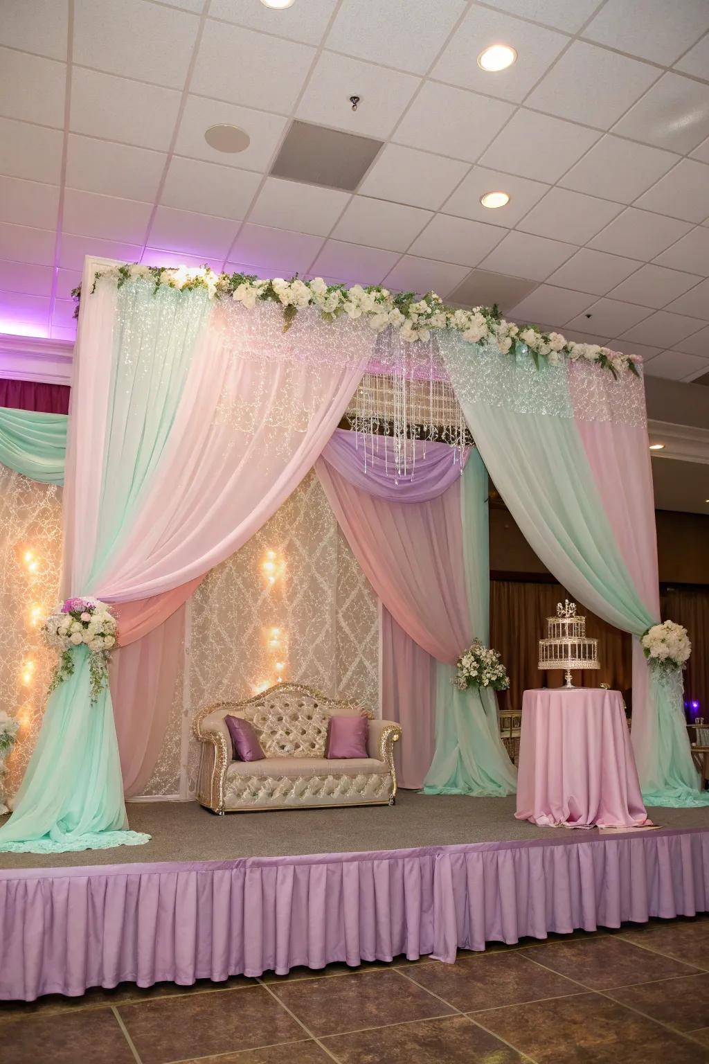 Gentle drapery imparts sophistication and grace to any quinceañera setting.