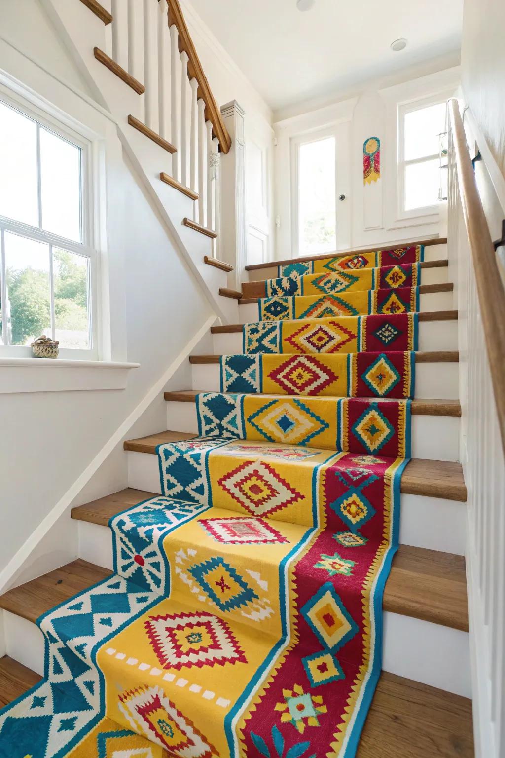 A stairway adorned with vibrant, patterned stair coverings.