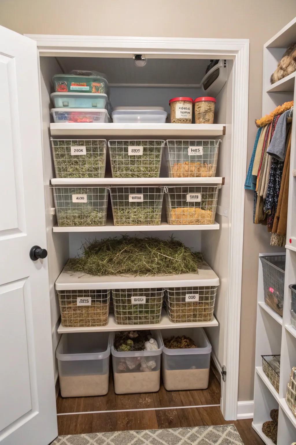 A closet reimagined as a comprehensive rabbit supply hub, enhanced with tailored shelving solutions.