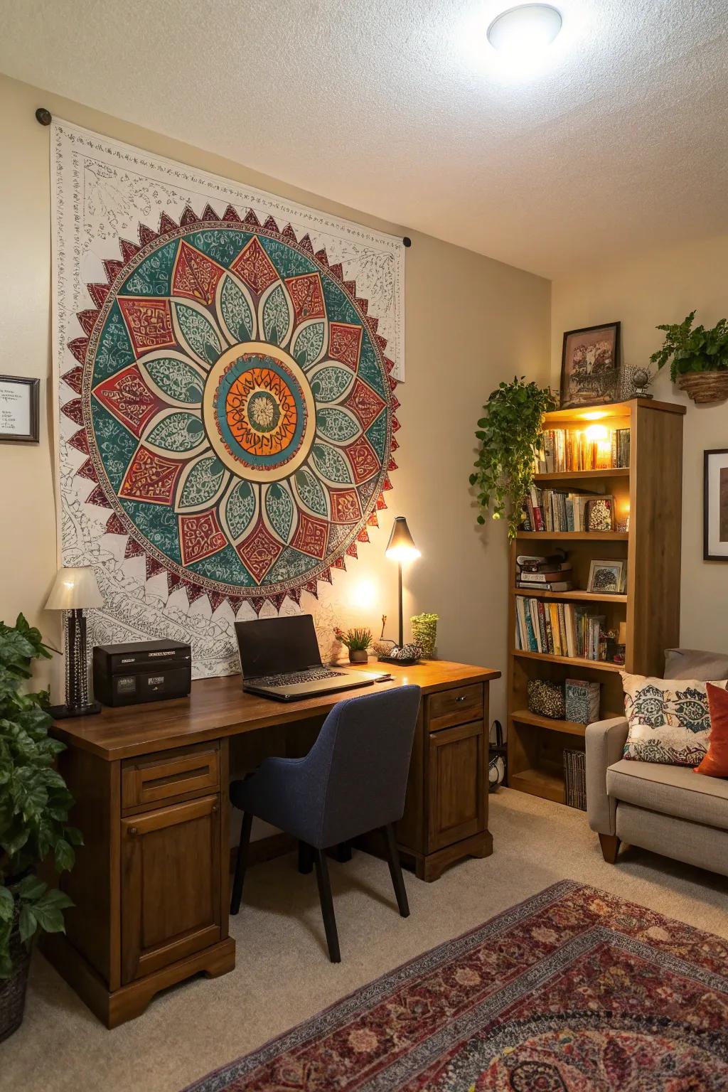 A comfortable home office showcasing a self-made radial design wall art.