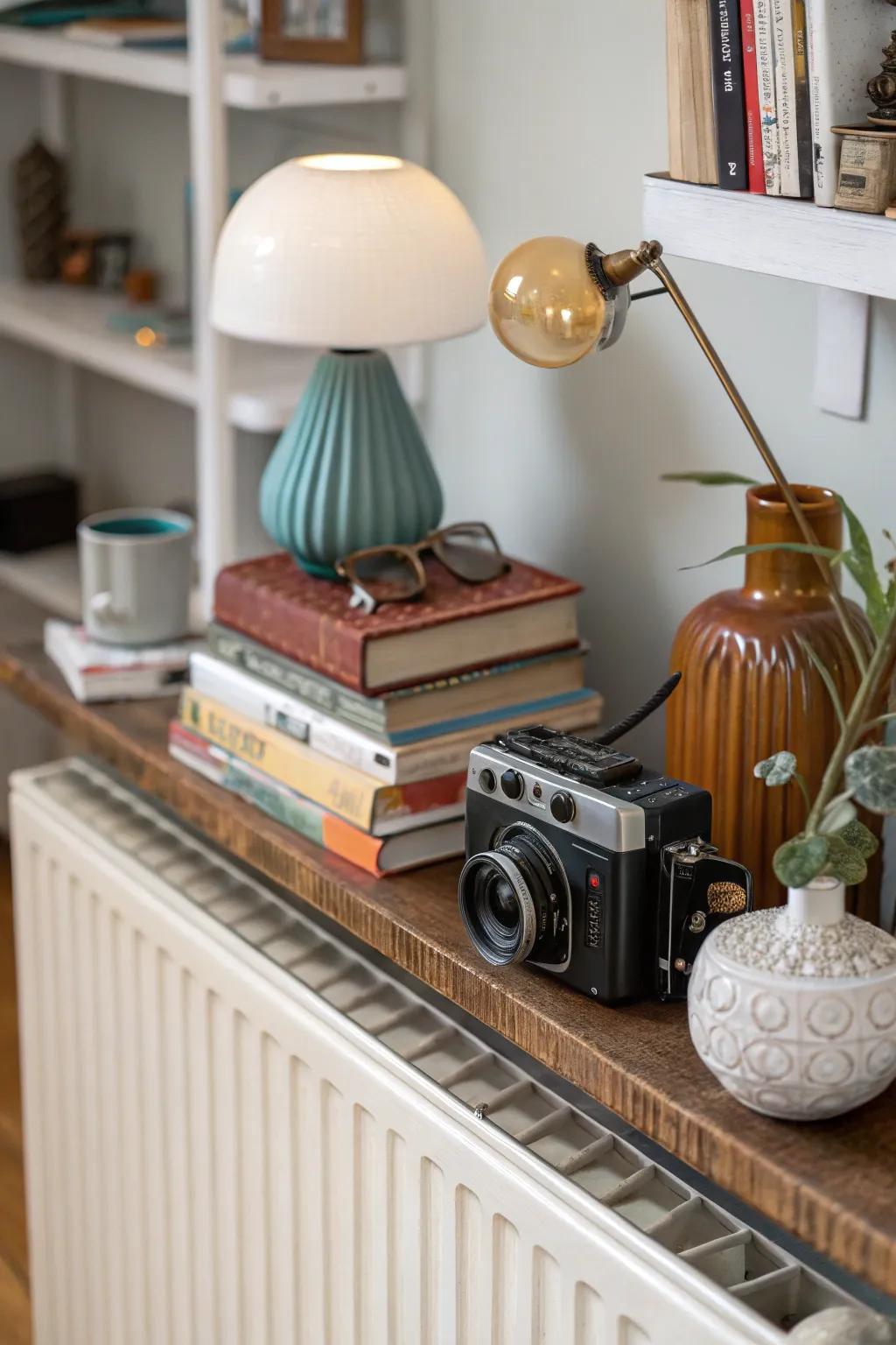 Blend different styles for a personalized and eclectic radiator shelf display.