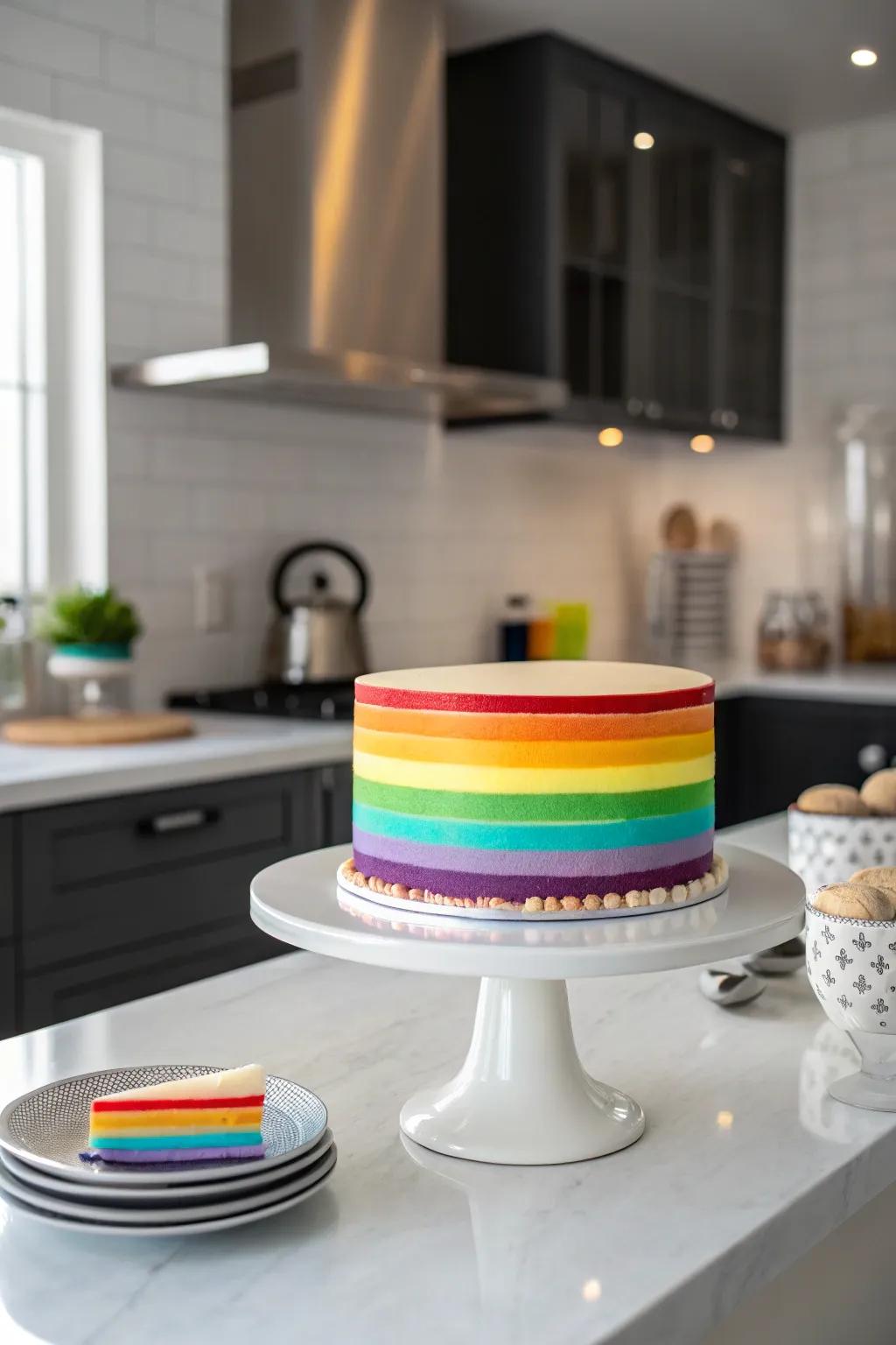 Elegant fondant striations impart a chic nuance to the spectrum confection.