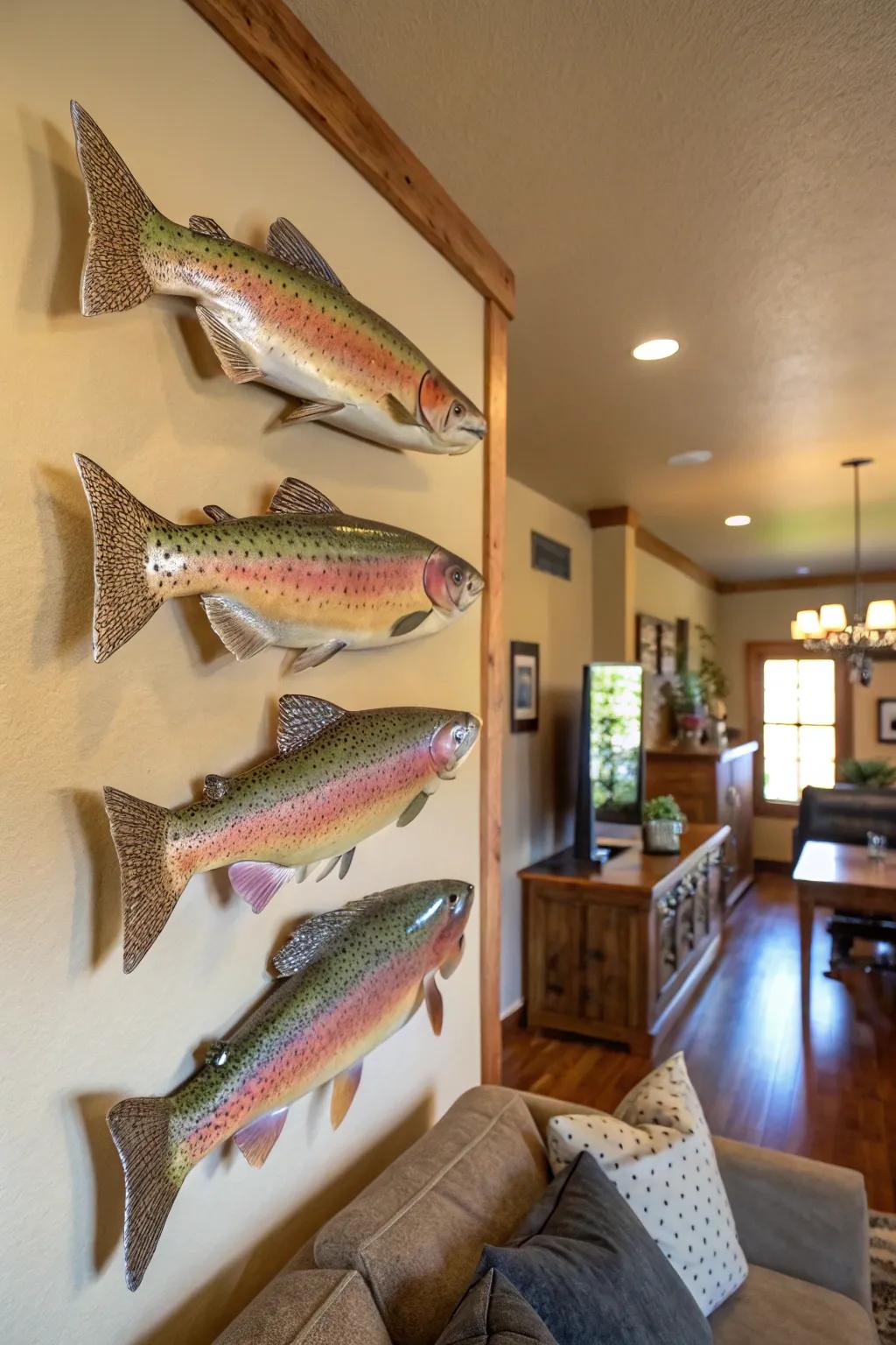 Several rainbow trout displayed together to create a lively and spirited decorative feature.