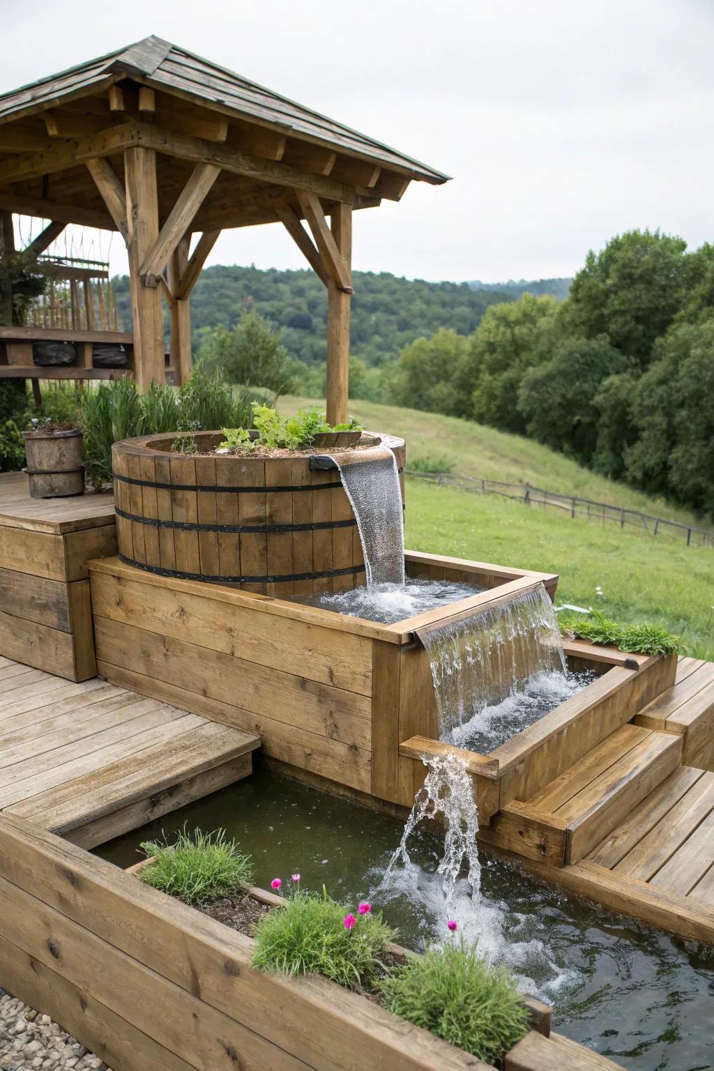 Produce a vibrant panorama using tiered pond styles.