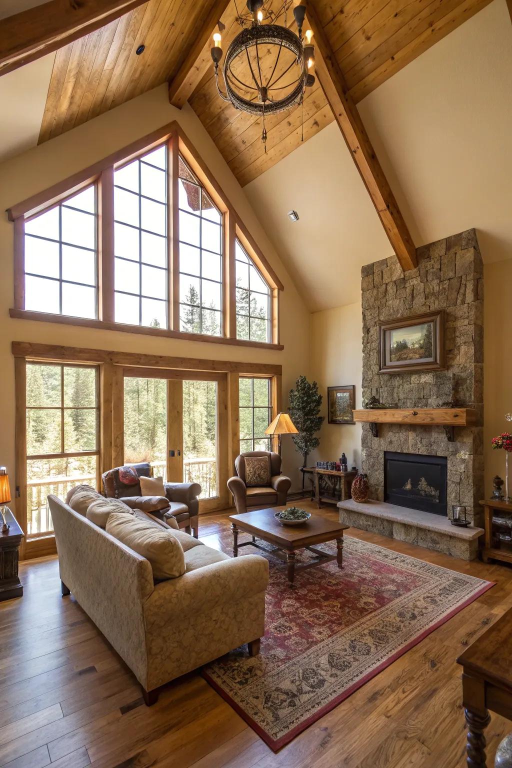 A raised ceiling turns this ranch-style living room into a spacious haven.