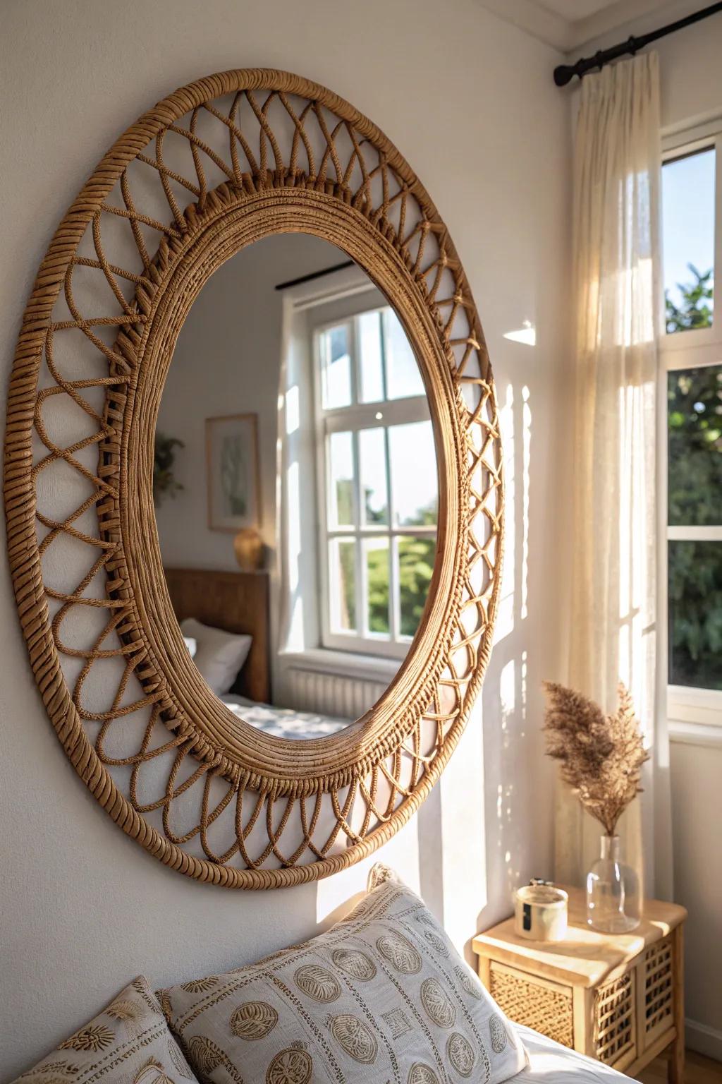 A rattan mirror contributes both practicality and flair to your bedroom.