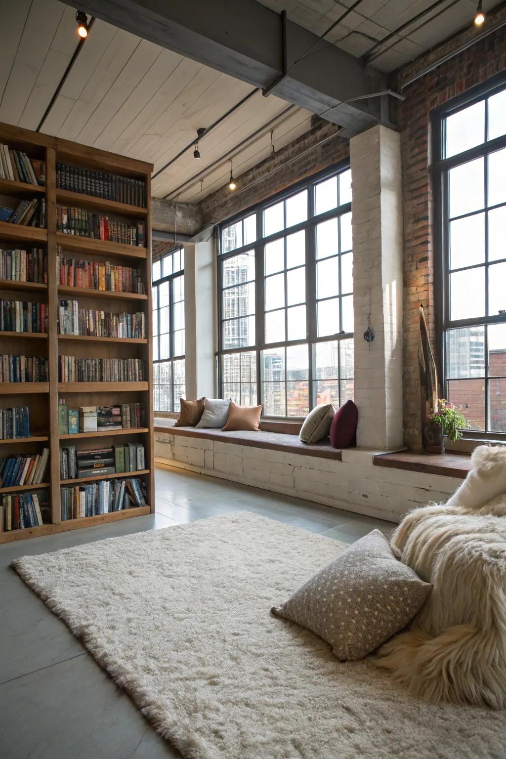 A loft turned into a comfortable library nook.