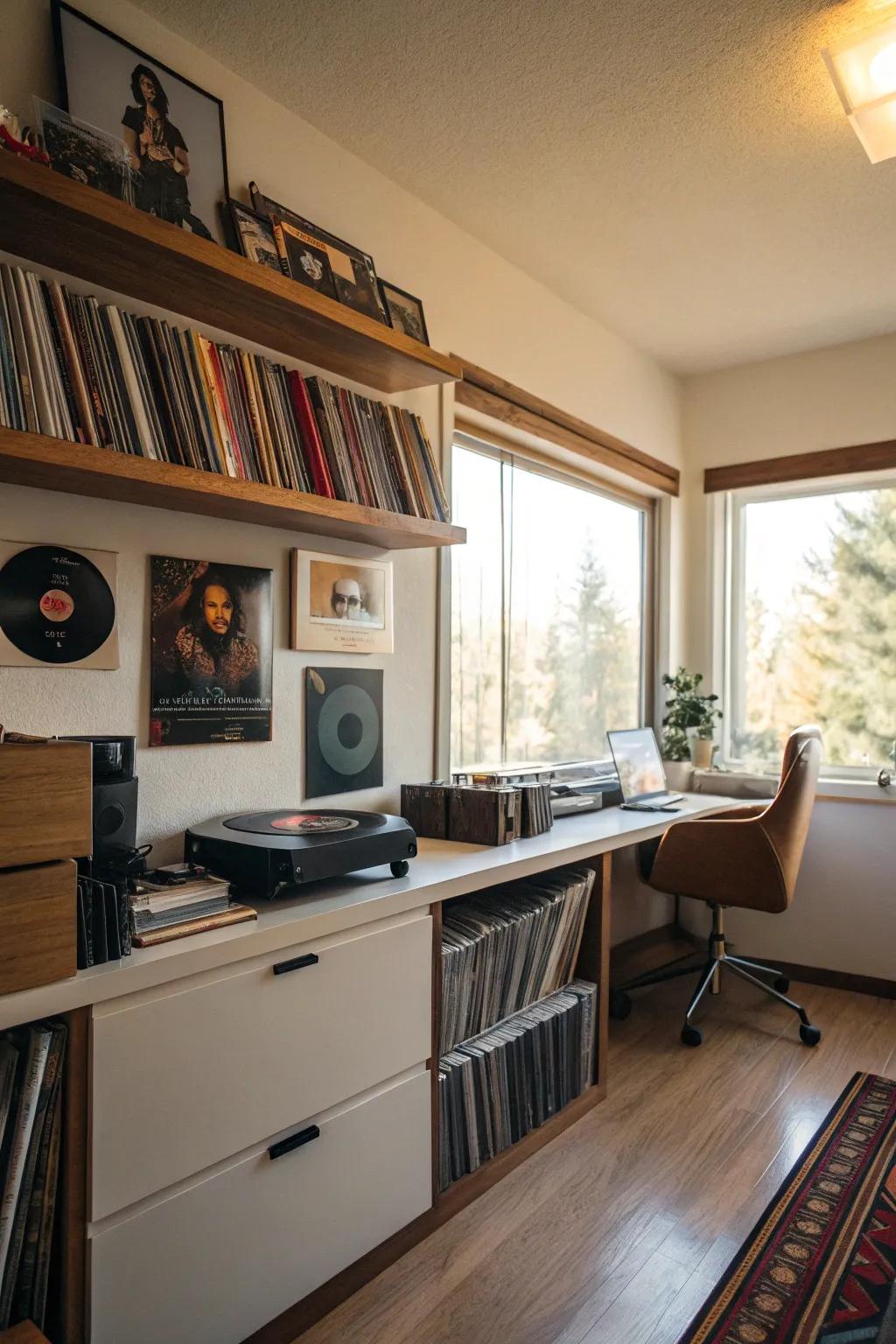 Floating shelves transform your records into a visual gallery.