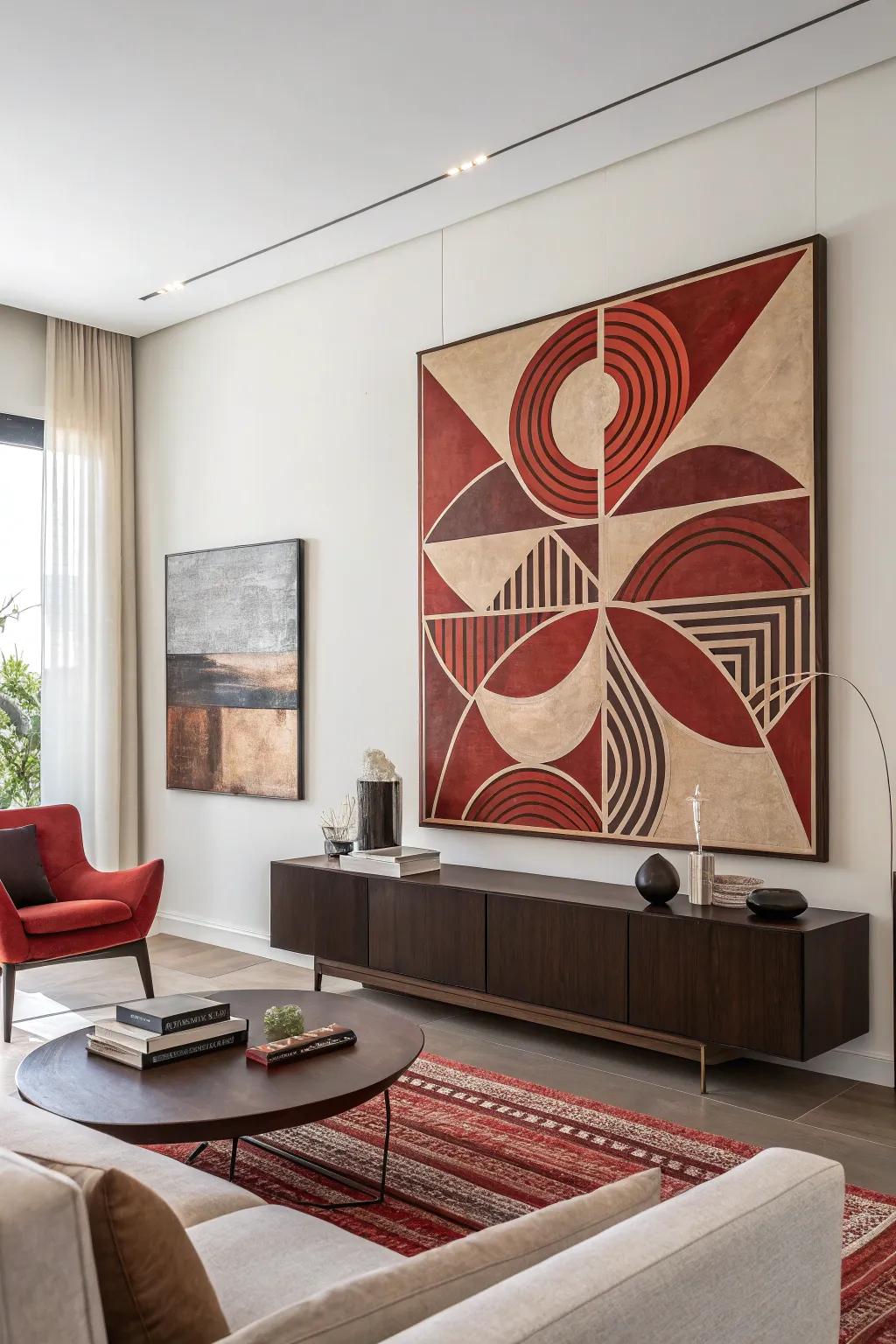 Art pieces emphasizing scarlet tones add a unified touch to the room's arrangement.