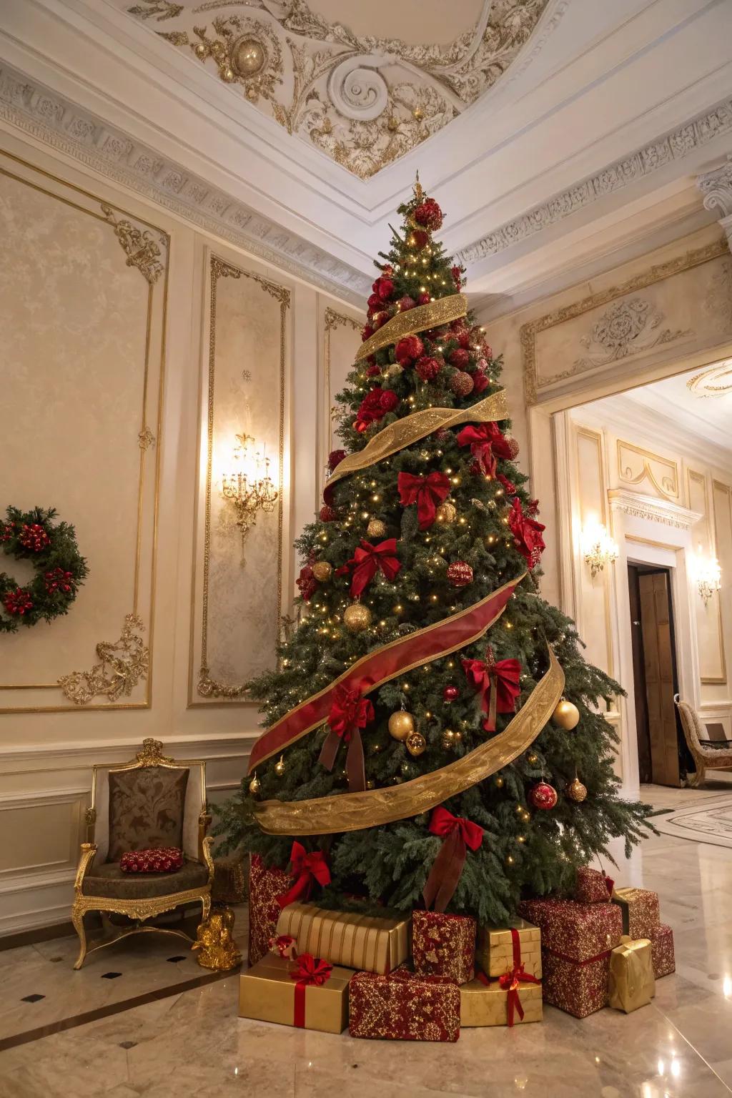 Extravagant crimson and golden streamers cascading down the Christmas tree.