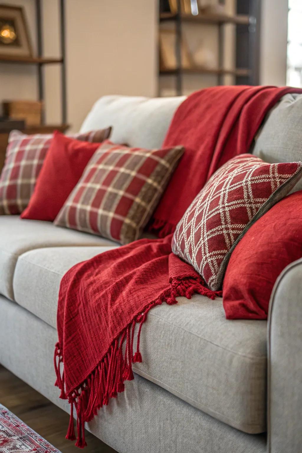 A grey couch adorned with crimson throws for an inviting feel.