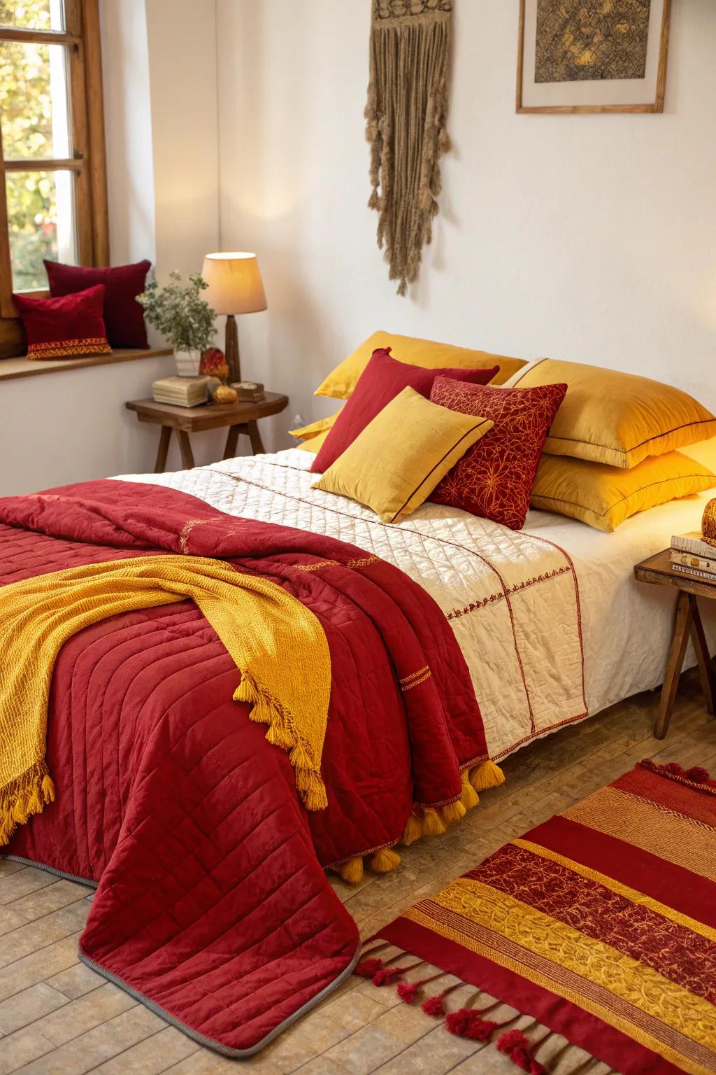 Layered fabrics in crimson and gold create a cozy and inviting atmosphere in this bedroom.