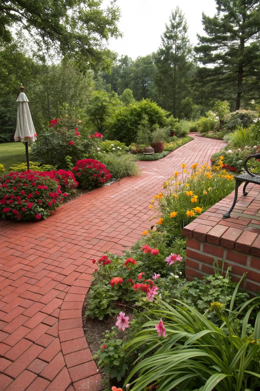 A red brick patio made better with lively garden flora