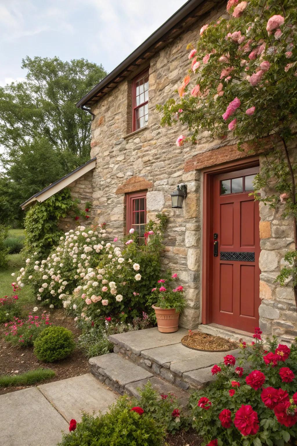 Rustic stone home showcasing a welcoming russet red door.