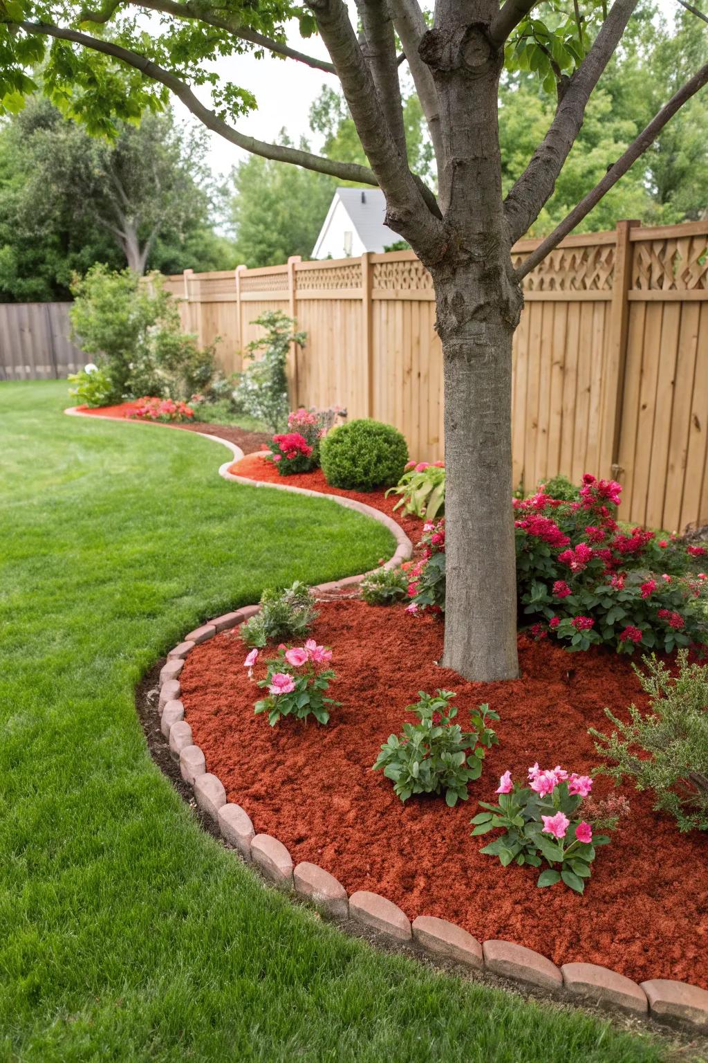 Vibrant mulch around tree bases emphasizes their beauty while providing protection.