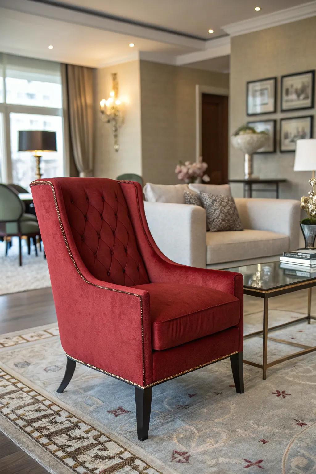 A stylish living room that features a striking chair upholstered in a vibrant shade of red.