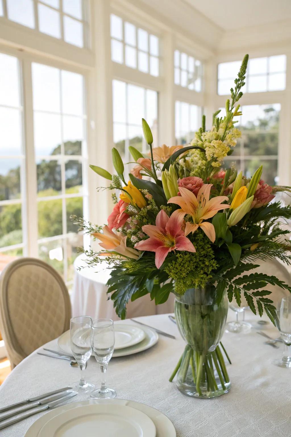 Madonna lilies and verdure enrich the table with the splendor of nature.