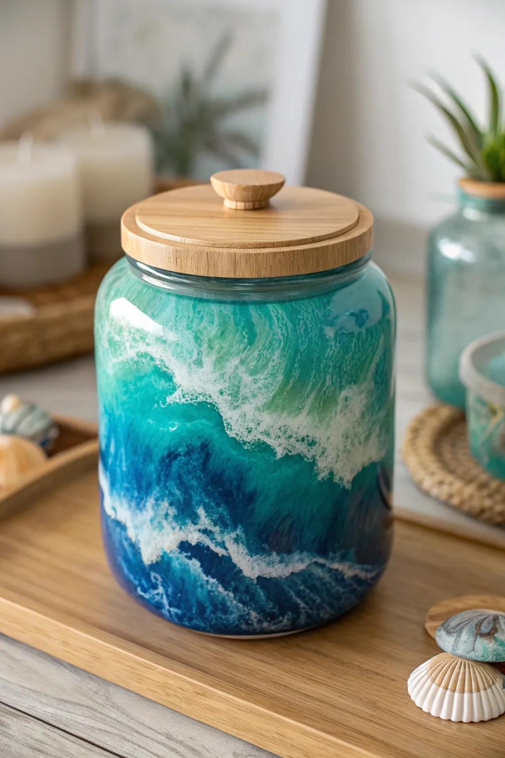 Embark on a journey into tranquility with this ocean-inspired resin jar, where artisanal craftsmanship converges with serene refinement.