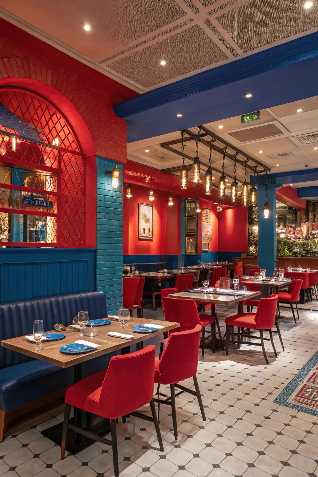 A bold restaurant design with dramatic reds and blues creating an unforgettable experience.
